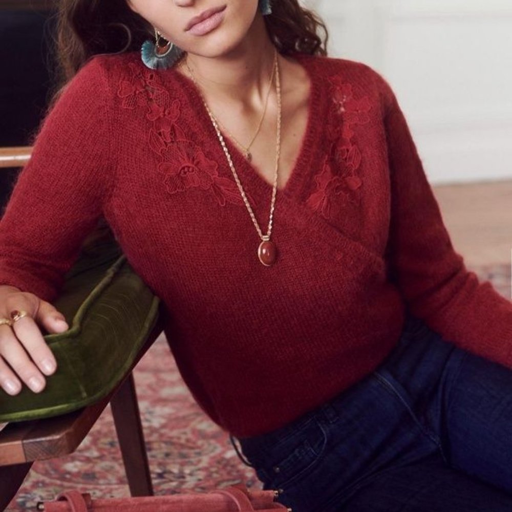 Sezane Red V-Neck Embroidered Mohair Sweater